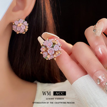 银针镶钻花朵圆形耳环 气质百搭耳钉 小众轻奢高级感耳饰女款批发