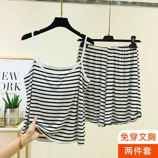 莫代尔女士条纹吊带套装夏季宽松圆领无袖打底两件套休闲大码睡衣