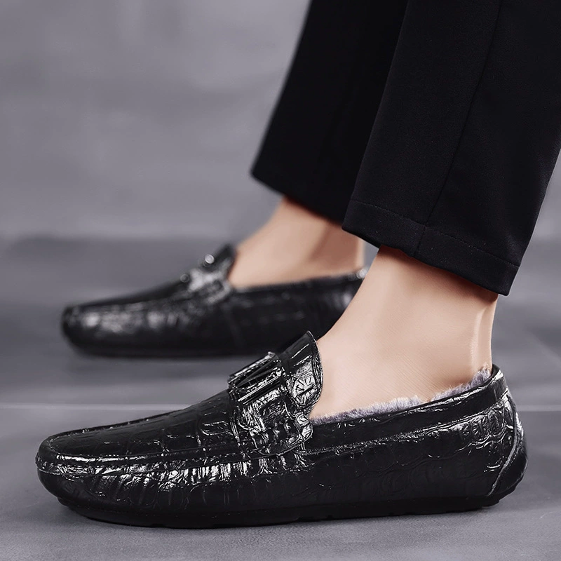 Мужская обувь с крокодиловым узором, зима 2022, Новые Теплые пуговицы на флисовой подкладке, мужская повседневная обувь из воловьей кожи, Мужская модная обувь