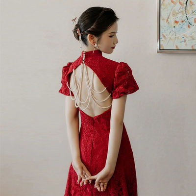 cheongsam Toast clothing bride 2022 new pattern Engagement marry Dress skirt Claret Chinese style Lace grace temperament