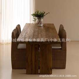 侘寂风老榆木餐桌复古做旧长方形实木泡茶桌民宿酒店咖啡厅会议桌