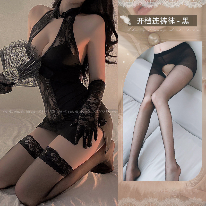 치파오 + 팬티 + 블랙 오픈 가랑이 양말