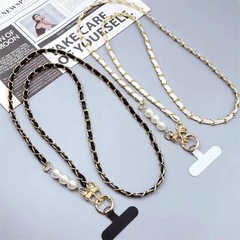 手機掛繩小香風珍珠皮卡鏈長款斜挎手機掛鏈金屬皮質掛件包包掛飾