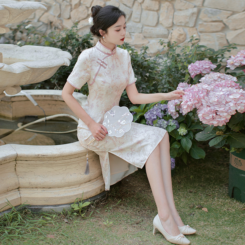 實拍百花朝2022複古油畫感改良旗袍提花印花顯瘦少女氣質連衣裙