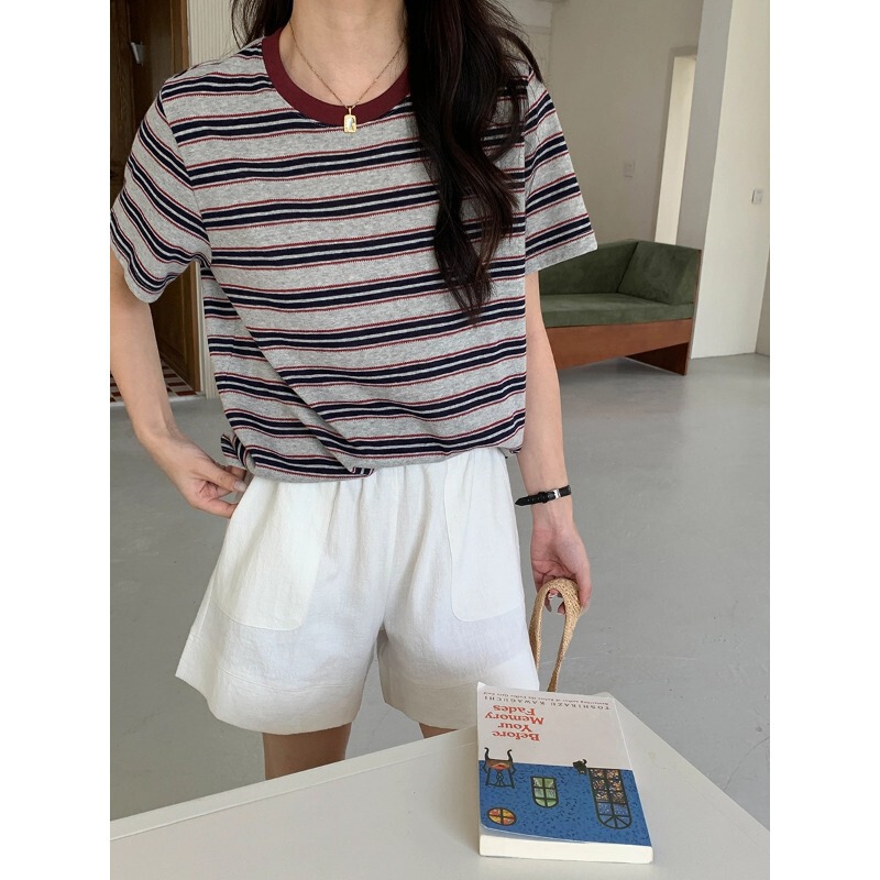 3Th Morning Street Sketch Lazy Contrast Color Round Neck Loose Striped Short Sleeve T-Shirt Zy3158