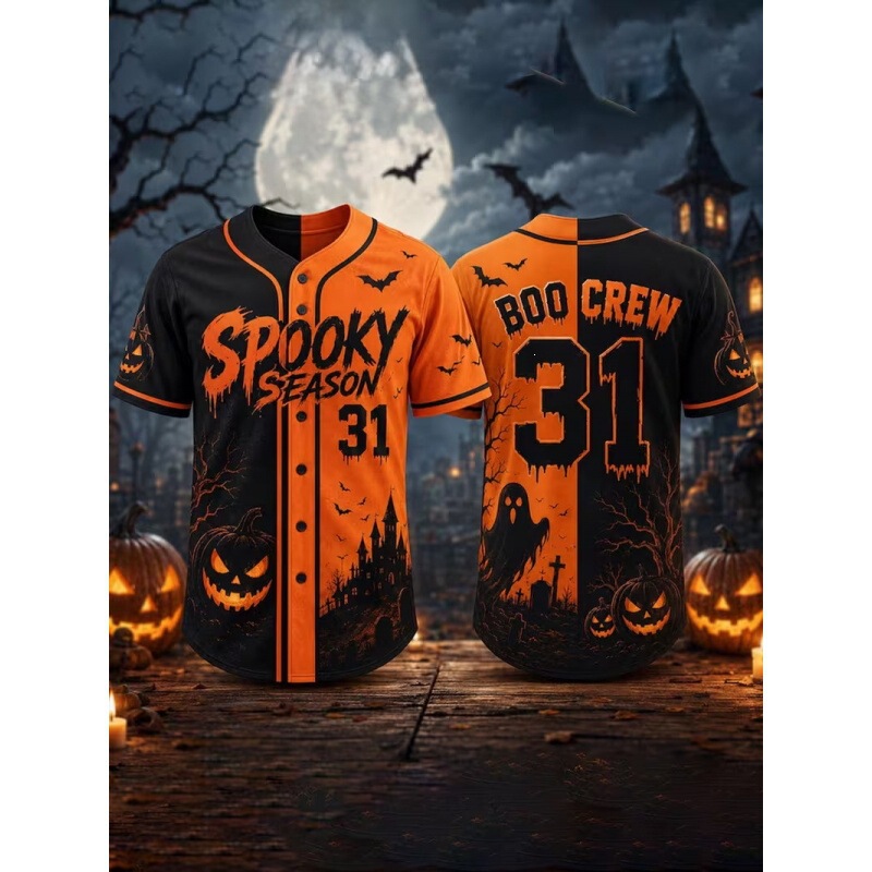 Foreign trade, cross-border, European and American style, men's casual sports jersey, Halloween series, digitally printed short-sleeved baseball shirt
