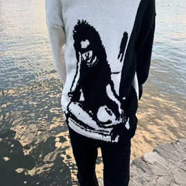美式复古高级感人脸毛衣提花针织衫男秋冬款慵懒风加厚打底衫上衣