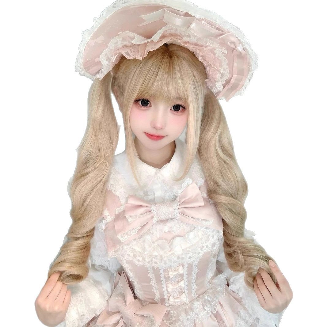 Platina blonde cosplay-wig met dubbele paardenstaart en natuurlijke pony - Lolita-stijl met Romeinse krullen
