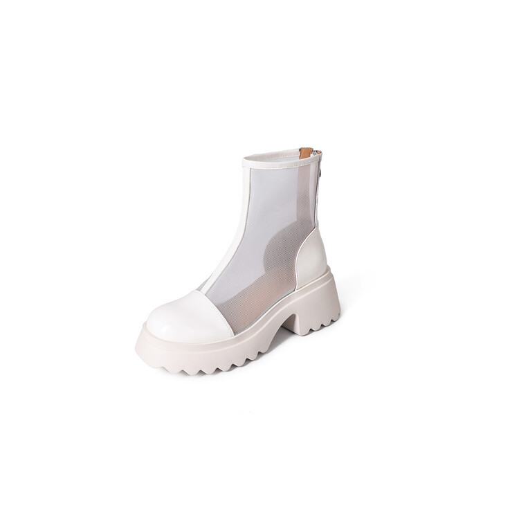 Boot ngắn nữ da thật vải lưới cao gót 6cm mùa hè phong cách Anh thoáng khí — Màu đen, Trắng be chi tiết 128