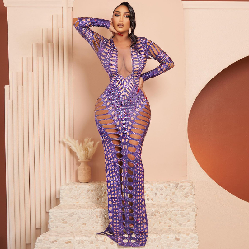 Cross-border Hot European and American Women's Sexy Ripped Tight Hip dress Rhinestone Printed Long Dress Cross-border Hot European and American Women's Sexy Ripped Tight Hip dress Rhinestone Printed Long Dress