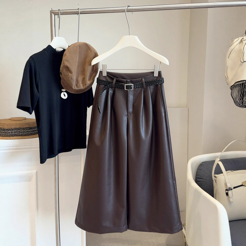 High-End Coffee-Colored Pu Leather Pants, Loose Slimming Wide-Leg Casual Pants, Cropped Pants, New Autumn and Winter High-Waisted Straight-Leg Pants for Women
