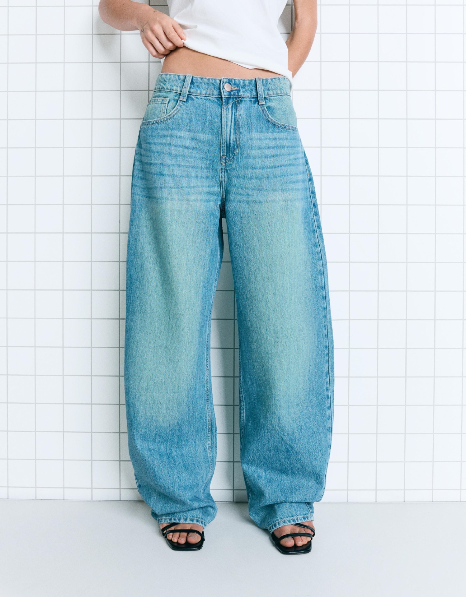 Jeans de Pierna Ancha y Corte Machete de Algodón, Mezclilla, de Tiro Alto, Lavado con Agua, para Uso Casual
