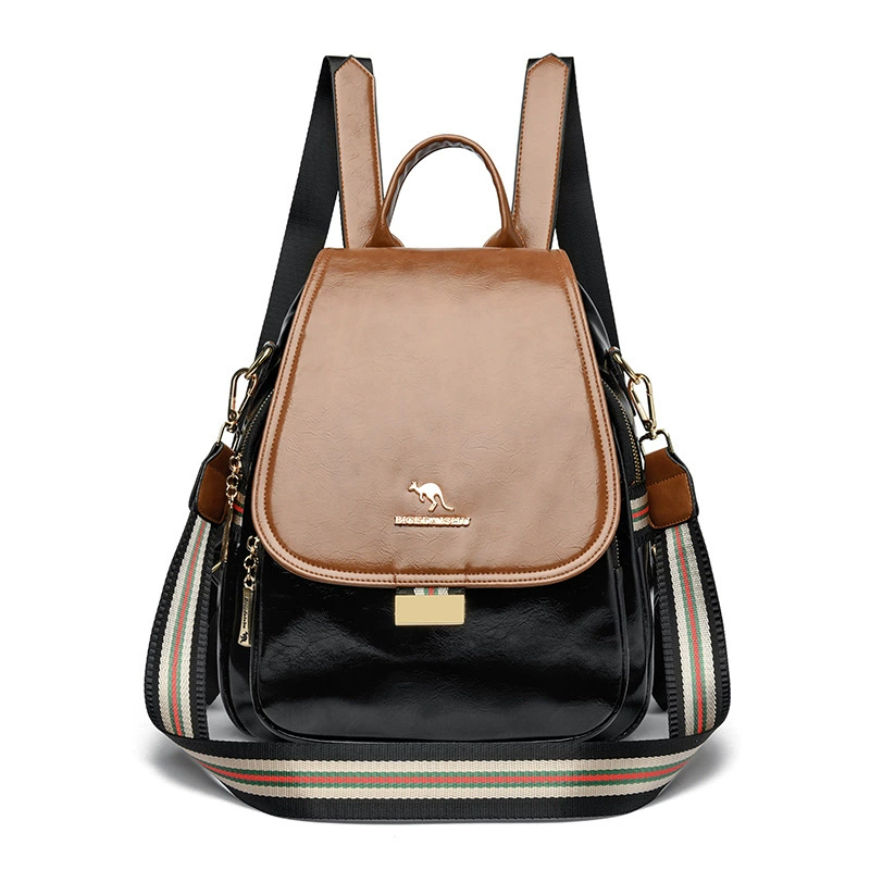 Meifeng Backpack - Travel Shoulder Bag, Genuine Leather, Colors: Black Brown or Black with Yellow