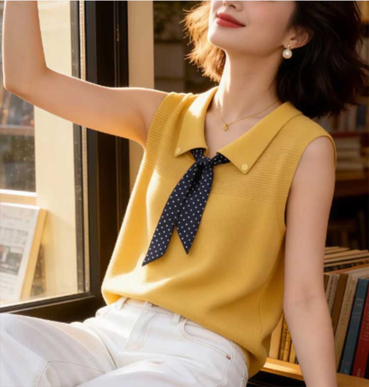 Áo len cổ Polo dệt kim tay ngắn họa tiết chấm bi lụa phối khăn, form rộng thoải mái — Màu ảnh chi tiết 4