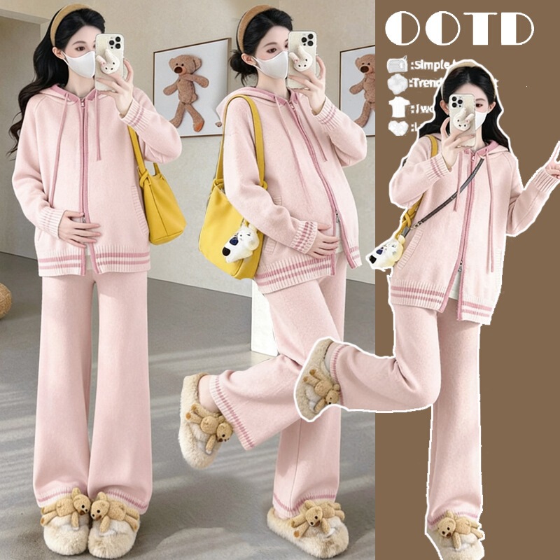 Maternity wear for autumn and winter, new style, loose and sweet, zippered hooded cardigan sweater, knitted wide-leg pants, casual slimming suit Maternity wear for autumn and winter, new style, loose and sweet, zippered hooded cardigan sweater, knitted wide-leg pants, casual slimming suit