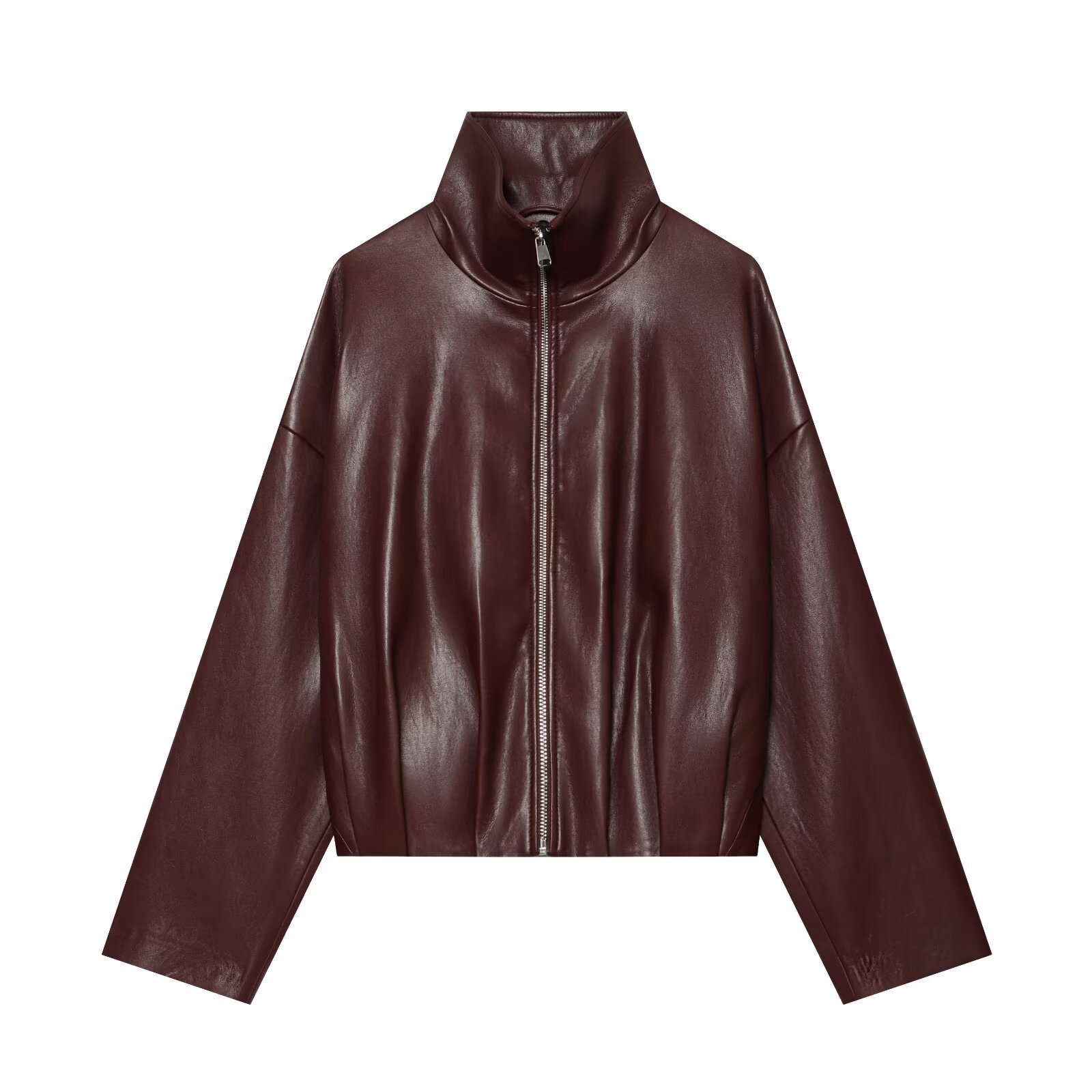 Qadın PU dəri jaket, dik yaxalı, ziypli, qısa