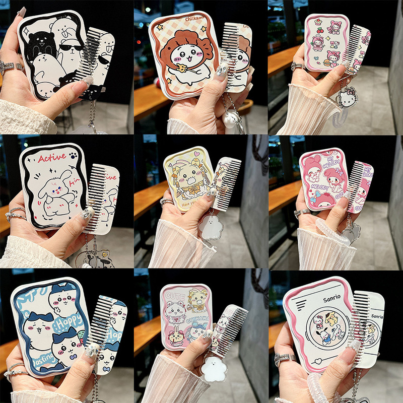 Internet Celebrity Wholesale High-Quality Mirror for Female Students, Portable Makeup Mirror, Foldable Mirror and Comb Integrated Handheld Mirror