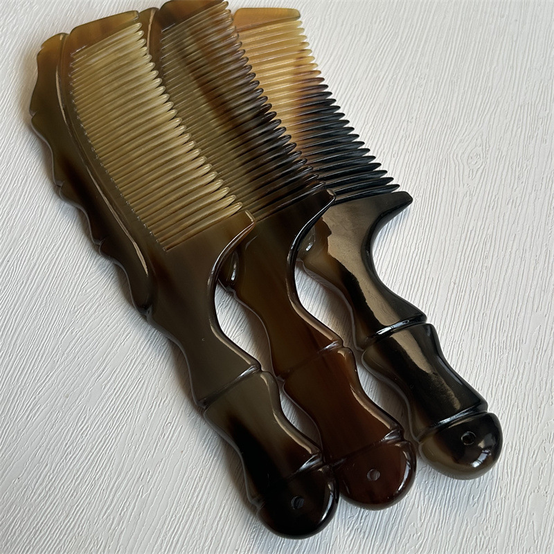 Horn Comb with Bamboo Joint Handle Hand Carved Fine Teeth Guasha Meridian Massage Comb 20cm quality and texture