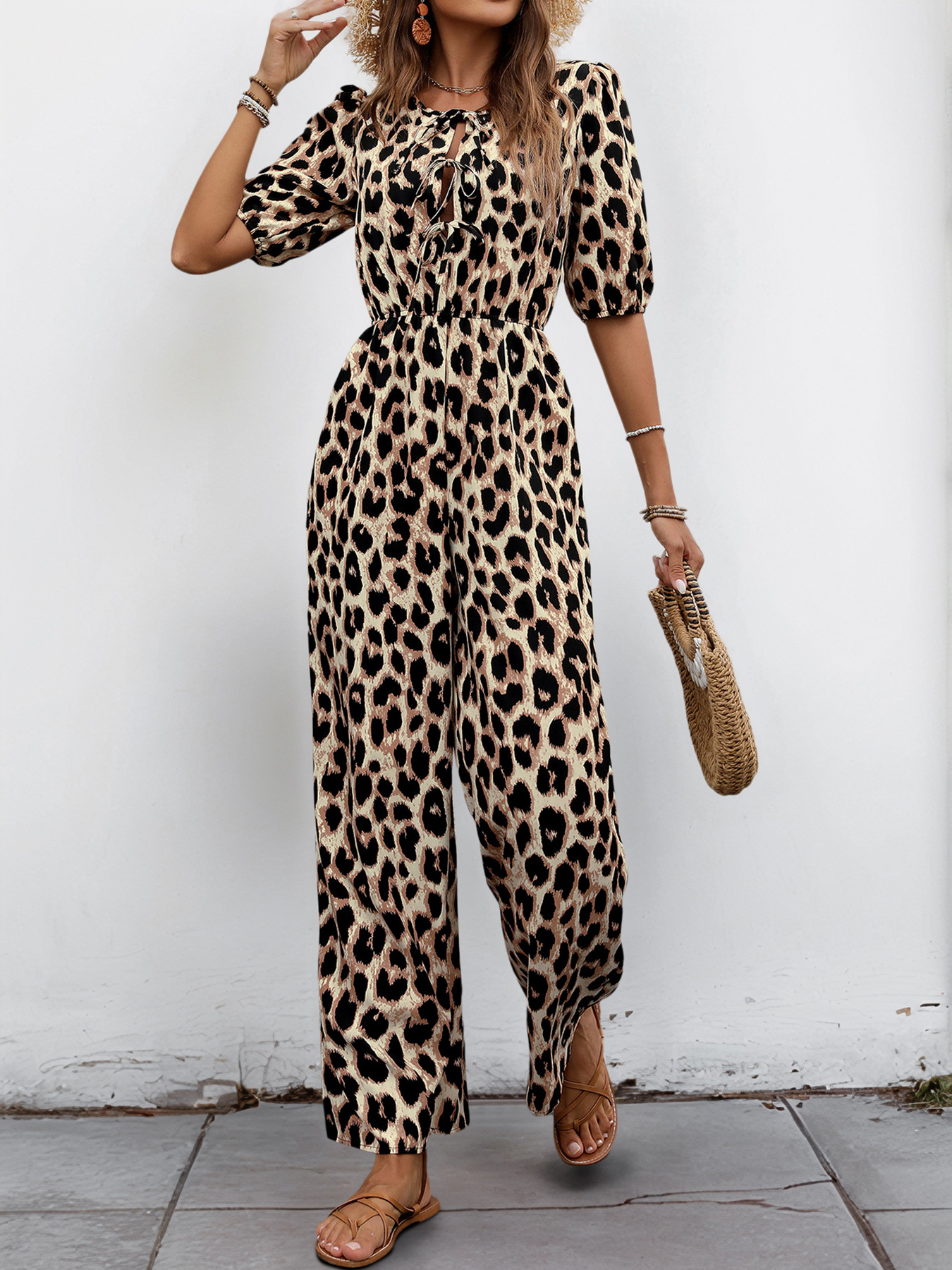 Summer Jumpsuit Tied High Waist Leopard Print Jumpsuit