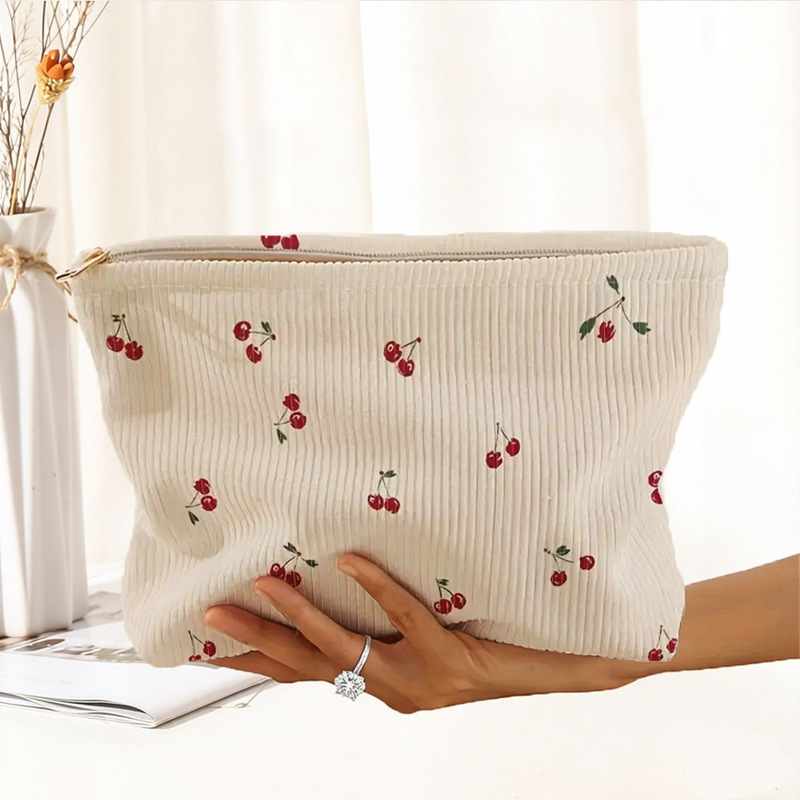 【Jit】Shein Amazon Temu Hand-Painted Fruit Cherry Print Corduroy Zipper Storage Bag Cosmetic Bag 【Jit】Shein Amazon Temu Hand-Painted Fruit Cherry Print Corduroy Zipper Storage Bag Cosmetic Bag