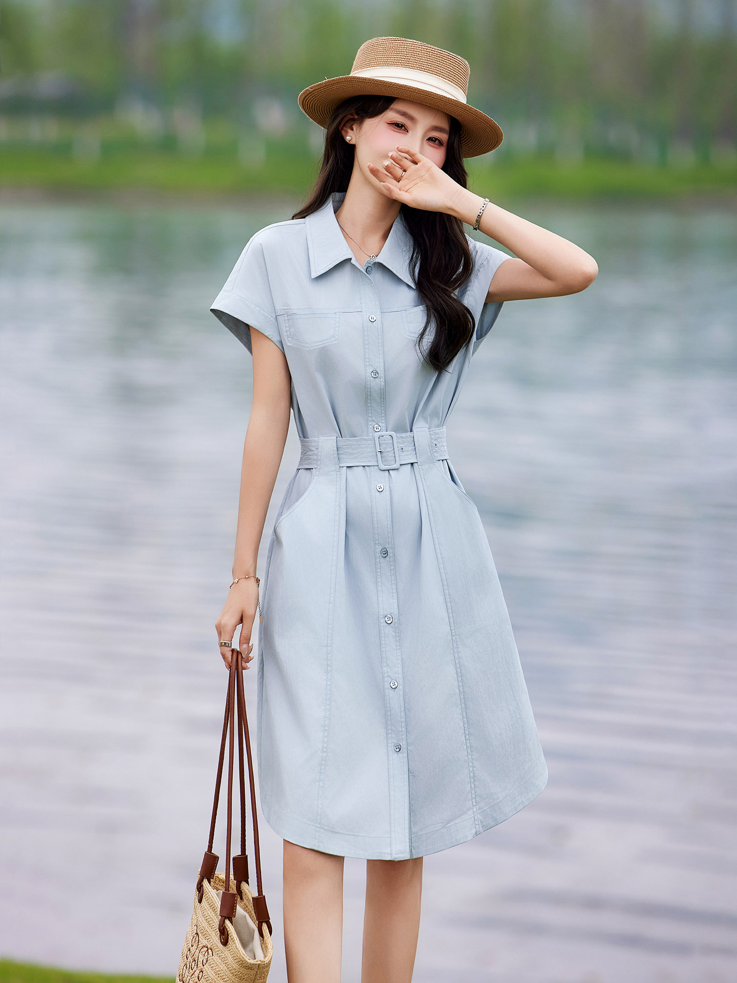 Đầm polo nữ cổ bẻ thắt eo dáng suông midi mùa hè — màu xanh nhạt, màu trắng ngà