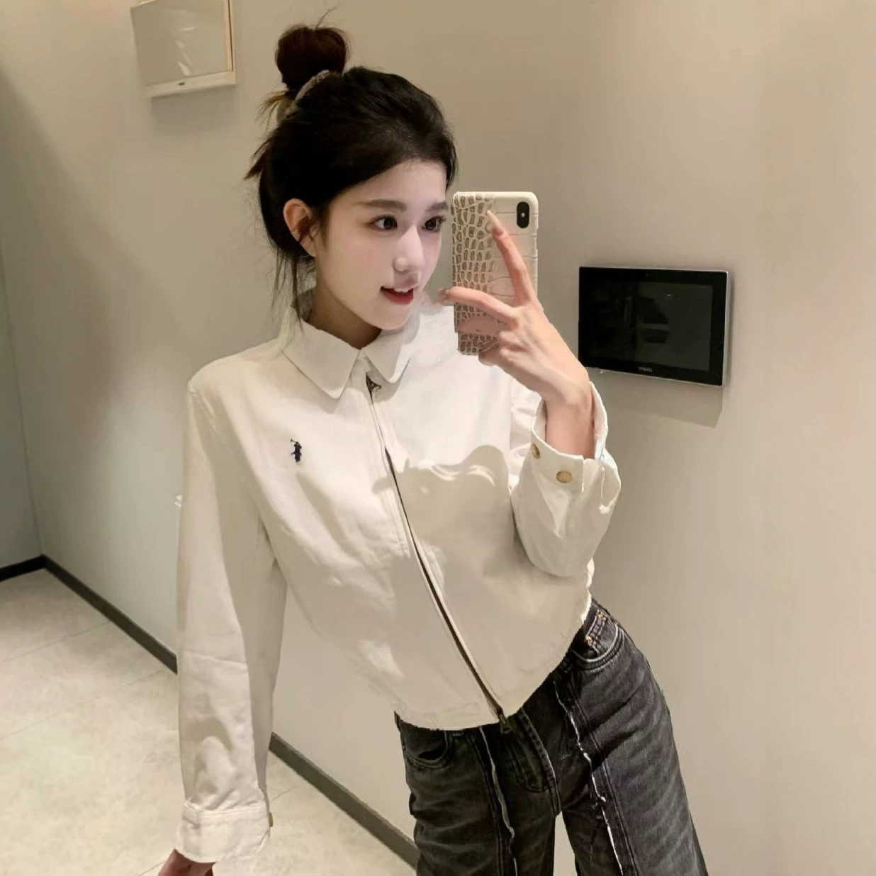 现货高品RL拉夫老干部夹克女经典小马标刺绣翻领长袖美式夹克外套