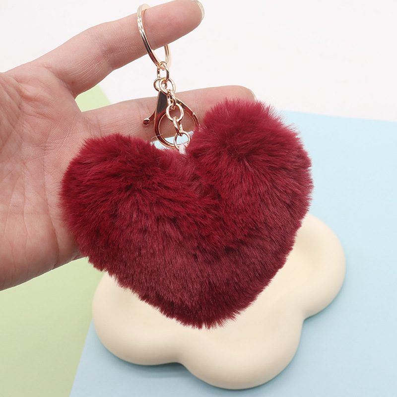 Moda de color rojo en forma de corazón de la felpa llavero pareja de imitación de piel de conejo Rex bola bolsa colgante adornos de coche al por mayor