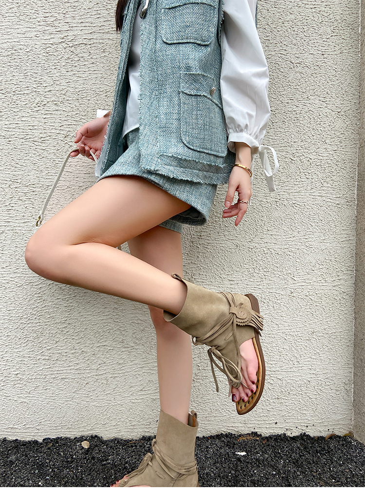 Dép sandal xỏ ngón bohemian đế bệt quai tua rua phong cách La Mã — Màu caramel, màu kaki chi tiết 10