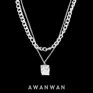 Textured Square Pendant Niche Design Double-Layer Necklace Street Sweet and Cool Necklace Sweater Chain