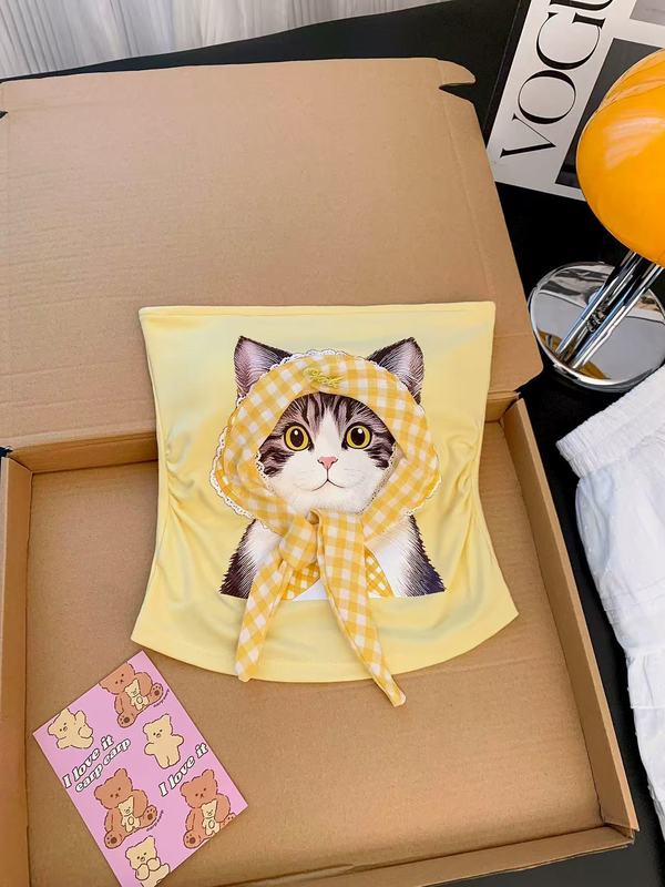 立体的な子猫キャミソールレディースアウターウェアチェック柄ホットガール胸パッド付きチューブトップ滑り止めストリップショートインナートップ|undefined