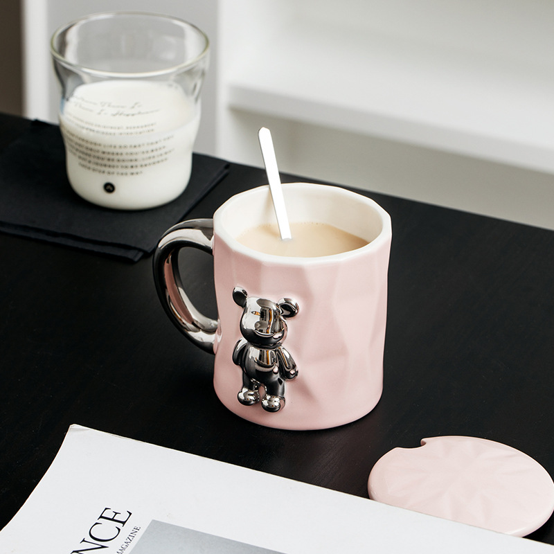 Oso tridimensional ins estilo Taza de cerámica con tapa cuchara personalidad tendencia Internet celebridad chica Oficina beber taza de té