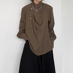 国潮風小衆デザイン感シャツ男レトロボタン半高襟シャツ不規則高級感垂感上着