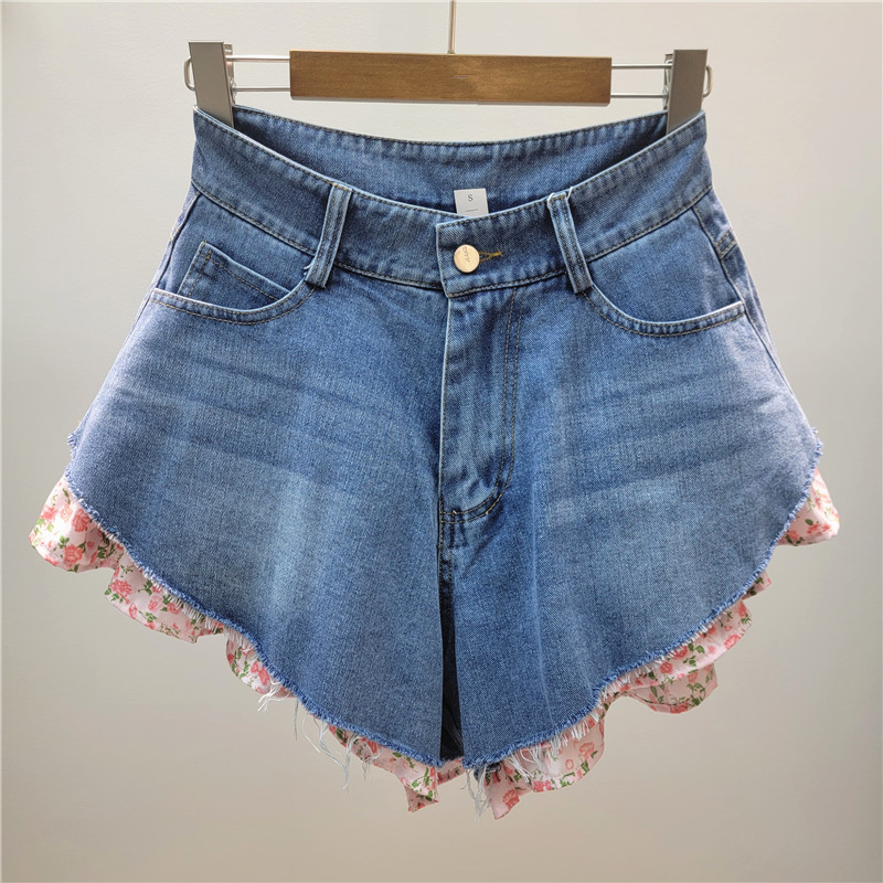 Pantalones Cortos de Mezclilla Efecto Dos Piezas con Estampado Floral para Mujer image 3