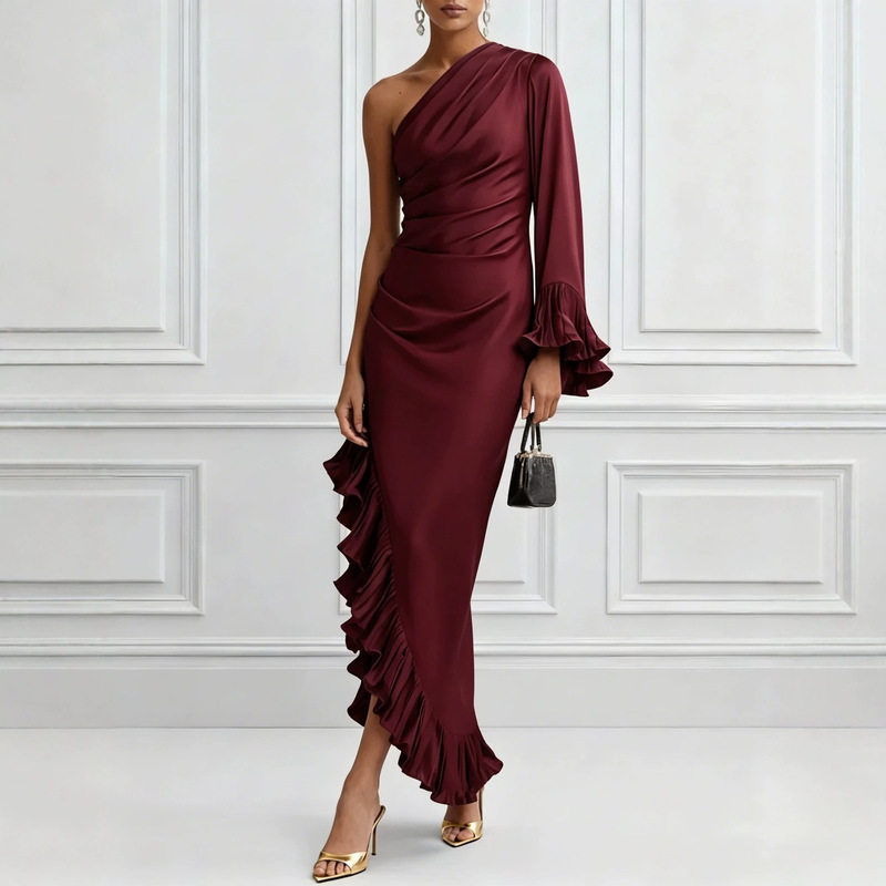 Amazon European and American Cross-Border New Style Solid Color Satin Off-Shoulder Sexy Ruched Irregular Dress Vacation Style Amazon European and American Cross-Border New Style Solid Color Satin Off-Shoulder Sexy Ruched Irregular Dress Vacation Style