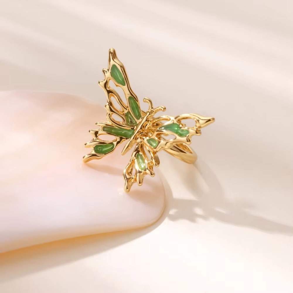 18K Real Gold Plated Plating Material Wholesale Jewelry IG Style Geometric Butterfly Dragon Copper Asymmetrical Enamel Open Rings