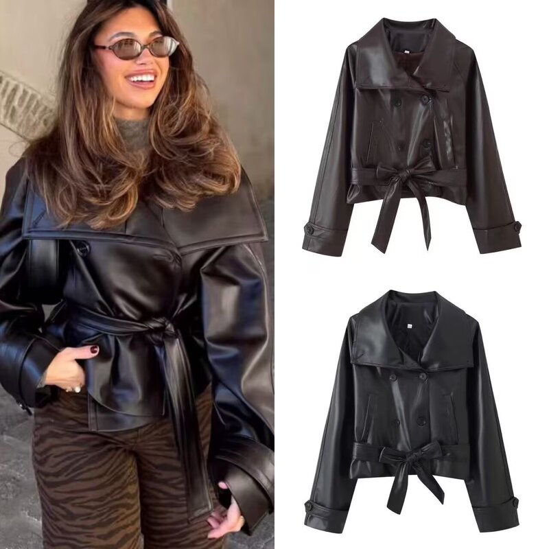 Keyi Cross-Border Supply 2025 Winter New European and American Style Two-Color Double-Breasted Short Lace-Up Leather Jacket Jacket Keyi Cross-Border Supply 2025 Winter New European and American Style Two-Color Double-Breasted Short Lace-Up Leather Jacket Jacket