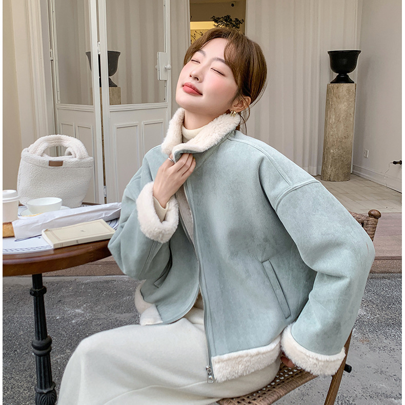 淡蓝色皮毛一体毛绒外套2025新款女冬韩系减龄加厚麂皮绒夹克棉服|undefined