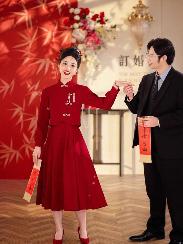 新中式旗袍敬酒服新娘红色回门连衣裙订婚礼服秋冬季长袖结婚便装|undefined