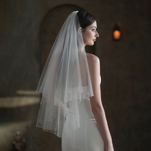 V847欧美精致手工串珠新娘头纱 高端米色双层婚礼旅拍造型头饰