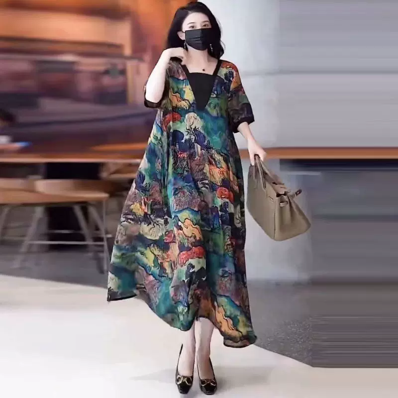 2024夏季新款高档印花连衣裙宽松假两件A字裙时尚气质显瘦大摆裙