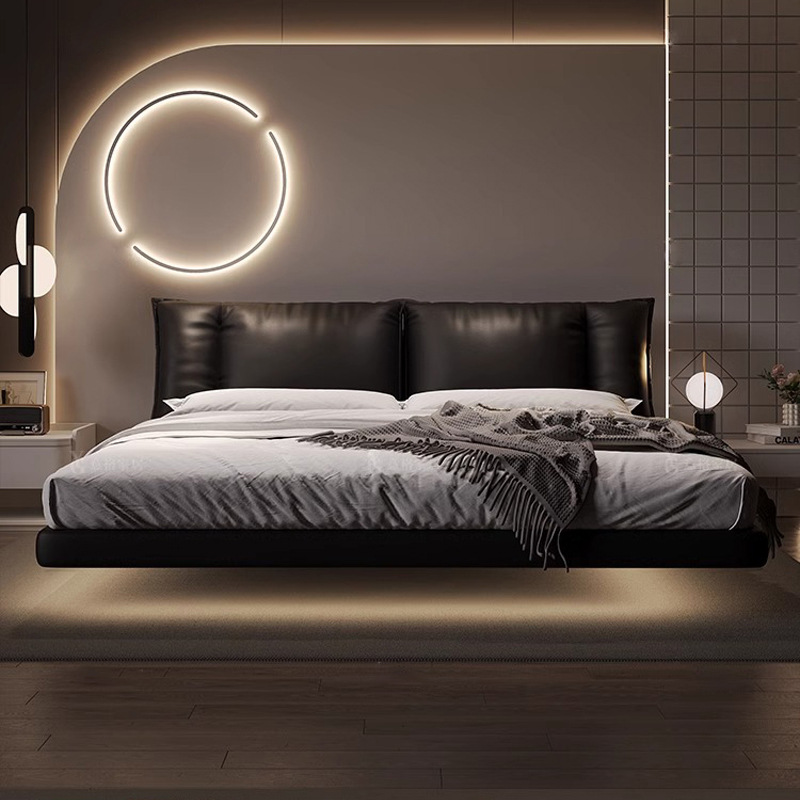 Cama de suspensión minimalista italiana, cama principal, cama de matrimonio, cama doble moderna y minimalista, cama de cuero negro de 2 * 2.2m