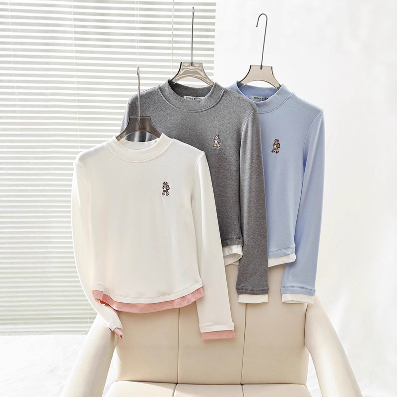 2025 New Autumn and Winter Preppy Style Playful Elastic Brushed Vertical Pattern Pullover Long-Sleeved T-Shirt for Women Ttla258Tc1A