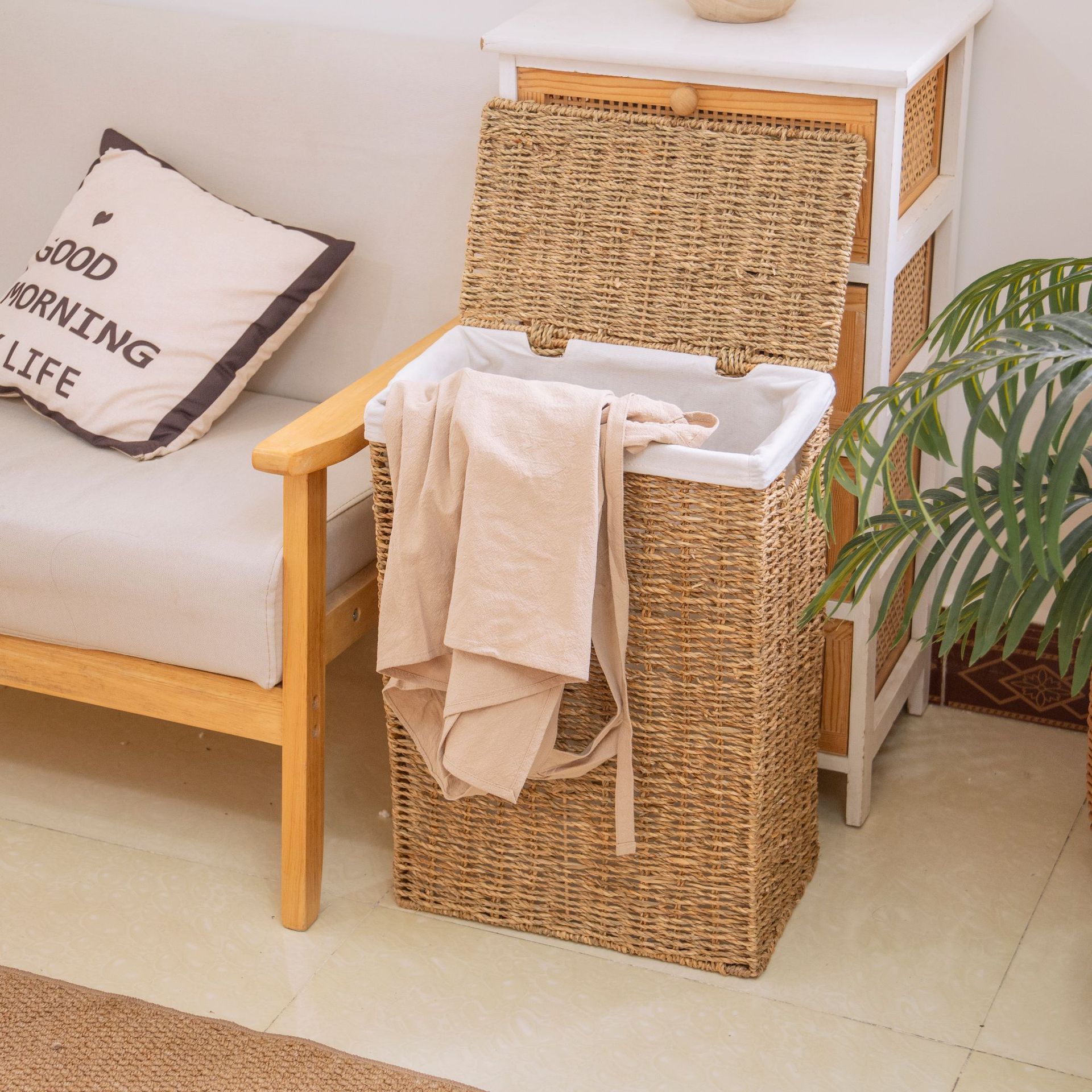 Transfronteriza personalizada cesto de lavandería trenzado de algas marinas dormitorio caja de almacenamiento de ropa sucia con cubierta de almacenamiento de juguetes cesto de almacenamiento