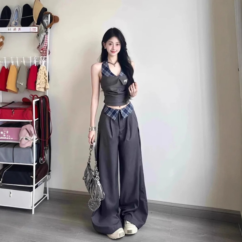 套装女2025夏季新款纯欲风辣妹设计感拼接挂脖无袖上衣高腰阔腿裤|undefined