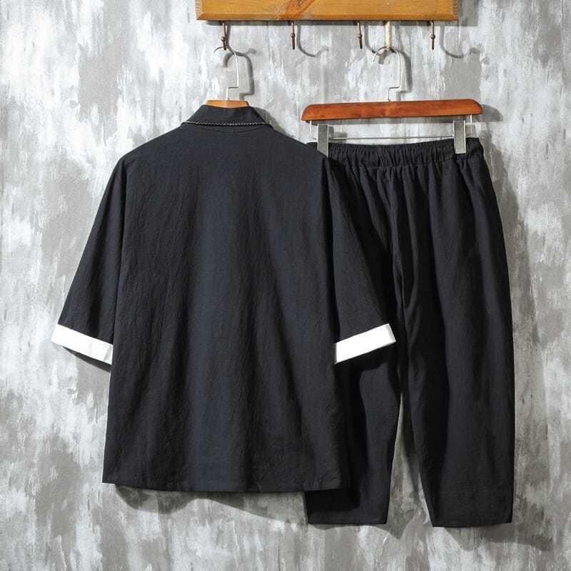 (2개) 중국 스타일 리넨 세트 남성 여름 세븐 슬리브 남성면 및 리넨 한푸 빈티지 탕 세트 중국 튜닉 코트 코트