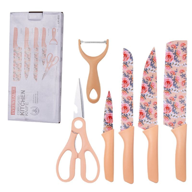 Comercio exterior cuchillos de cocina de 6 piezas de acero inoxidable color impresión cuchillo de impresión de rosas de cocina doméstica conjunto de cuchillos