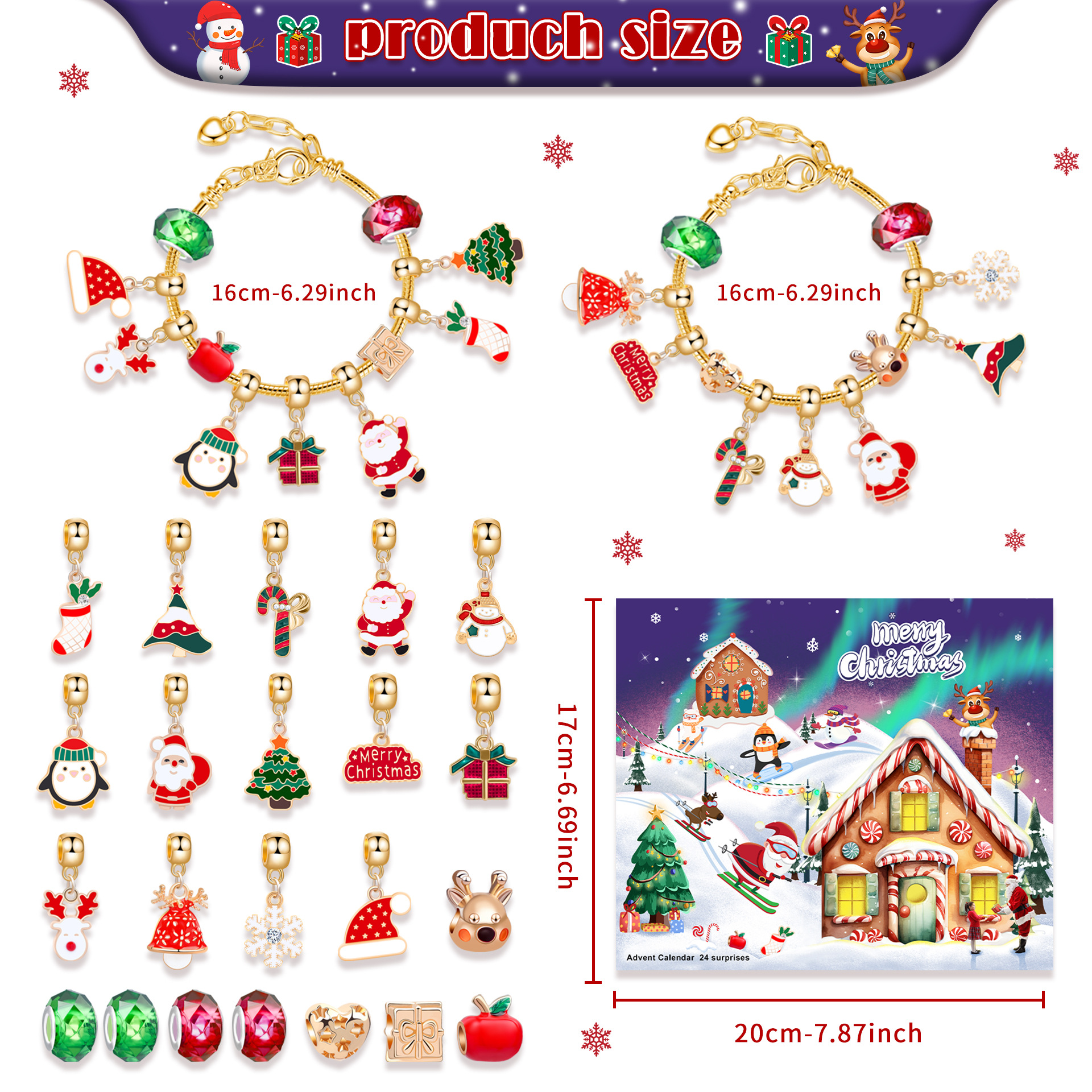 Weihnachtsschmuckherstellung, handgefertigtes DIY-Perlenarmband-Set für Kinder, 24-Raster, Weihnachts-Countdown-Blindbox, Armband, Schmuck-Geschenkbox_voghion.com