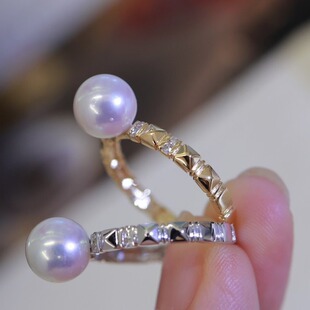 18K Gold Accessories, Small Fragrant Style Diamond Pearl Ring, Diamond Inlaid, Yellow and White, Reference Beads 8mm