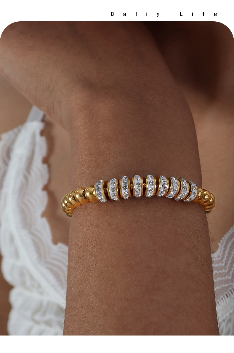 18K Gold Plated Plating Material 304 Stainless Steel Pendant Material Simple Style Color Block Titanium Steel 18K Gold Plated Rhinestones Bracelets In Bulk