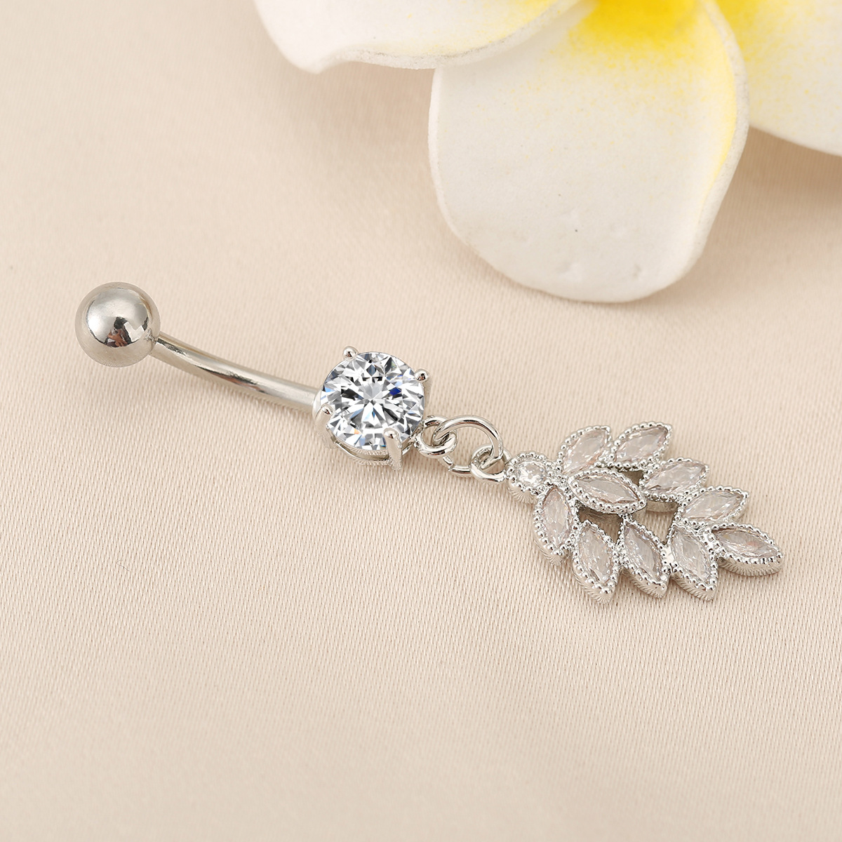 European Leaf Belly Button Ring With Diamond Body Piercing Jewelry_voghion.com